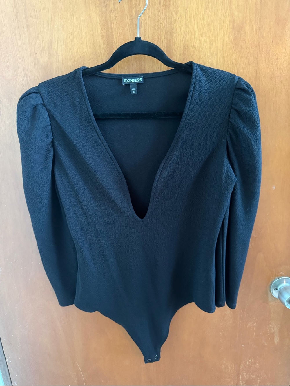 Express Black V-Neck Long Sleeve Puff Shoulder Bodysuit